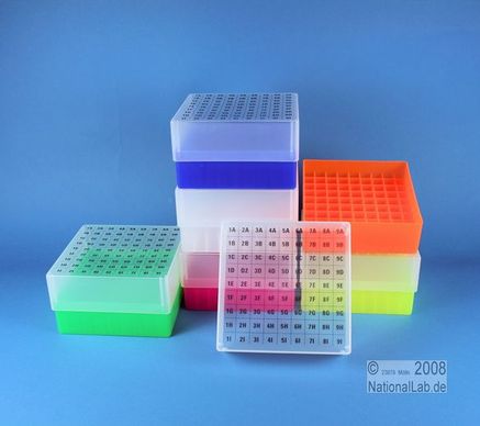 Kunststoffboxen EPPi Box, 75mm, Neon- Serie, mit festem 9x9 Innenraster, alphanumerische Codierung auf dem Deckel